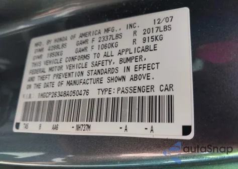 2008 Honda Accord 2.4 Lx from USA, damaged, VIN 1HGCP26348A050476